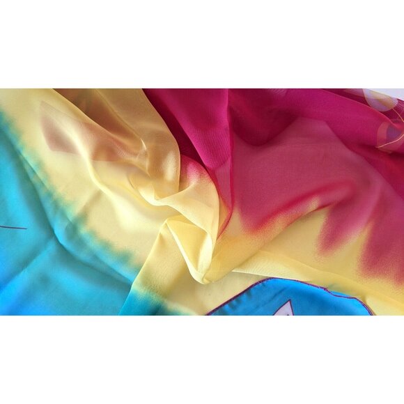 New Fennysun Woman Square Scarf Ombre Red Blue Yellow Crepe Lightweight 26*26" - Picture 8 of 10